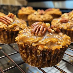 Close-up side view of Pumpkin Pecan Oatmeal Cups showcasing a moist texture and crunchy topping.