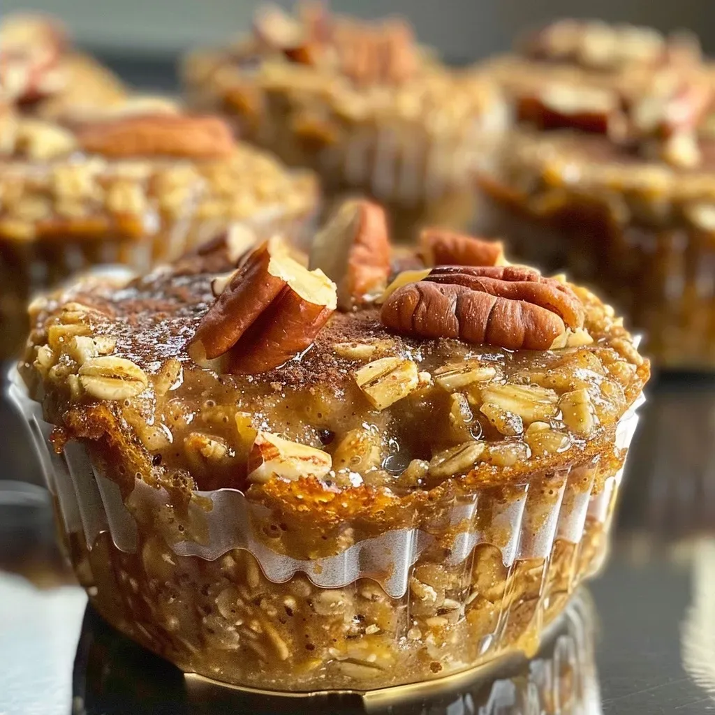 Close-up side view of Pumpkin Pecan Oatmeal Cups showcasing a moist texture and crunchy topping.