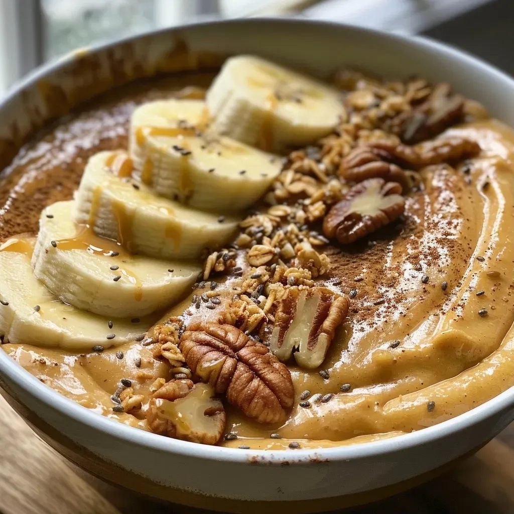['A vibrant bowl of pumpkin pie smoothie adorned with granola, pumpkin seeds, sliced bananas, and crushed pecans.', 'Close-up of a creamy pumpkin pie smoothie bowl topped with various toppings including granola and nuts.', 'Side view of a smoothie bowl filled with pumpkin puree and garnished with bananas and seeds.', 'Colorful pumpkin pie smoothie bowl with a thick texture and crunchy toppings showcased from the side.']