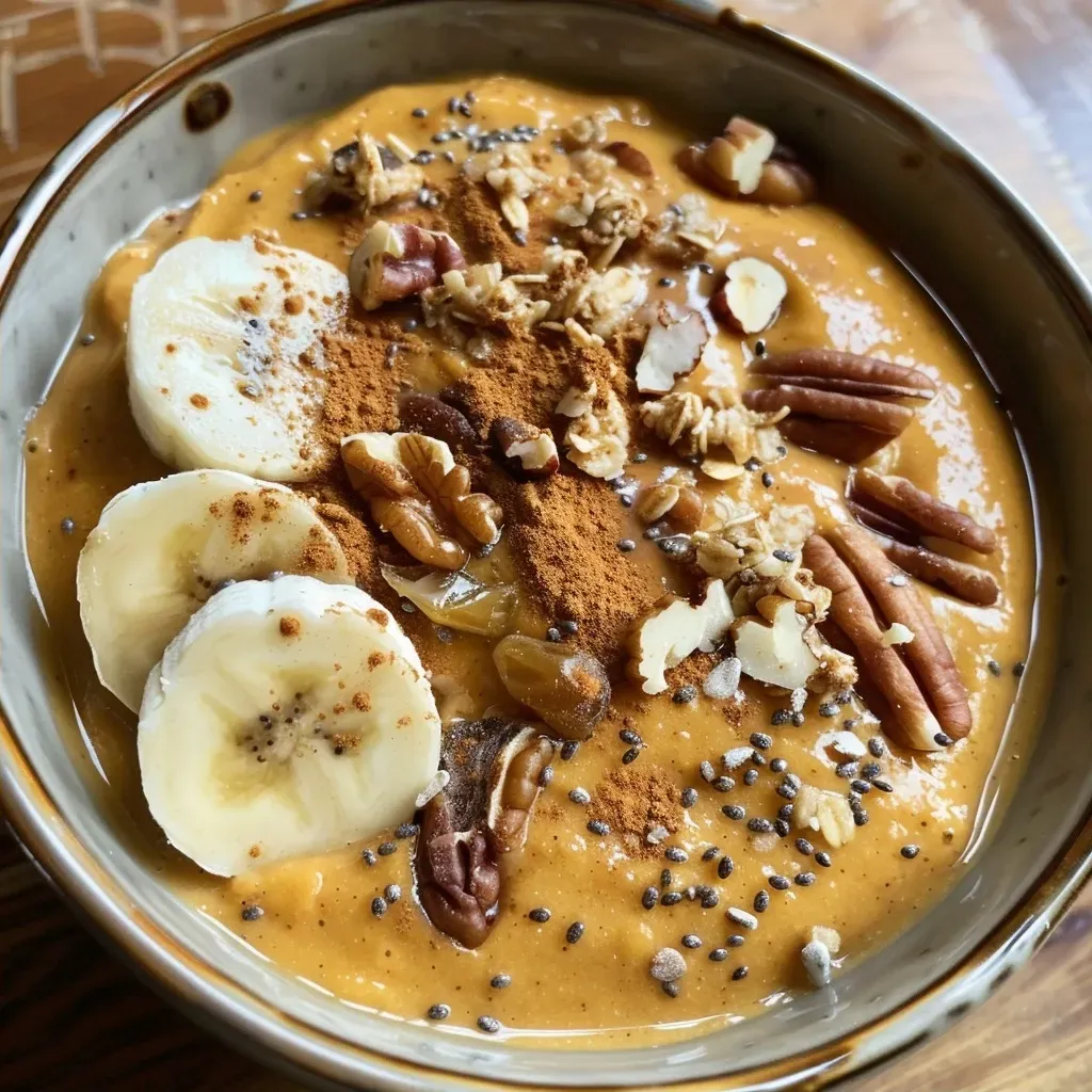 ['A vibrant bowl of pumpkin pie smoothie adorned with granola, pumpkin seeds, sliced bananas, and crushed pecans.', 'Close-up of a creamy pumpkin pie smoothie bowl topped with various toppings including granola and nuts.', 'Side view of a smoothie bowl filled with pumpkin puree and garnished with bananas and seeds.', 'Colorful pumpkin pie smoothie bowl with a thick texture and crunchy toppings showcased from the side.']