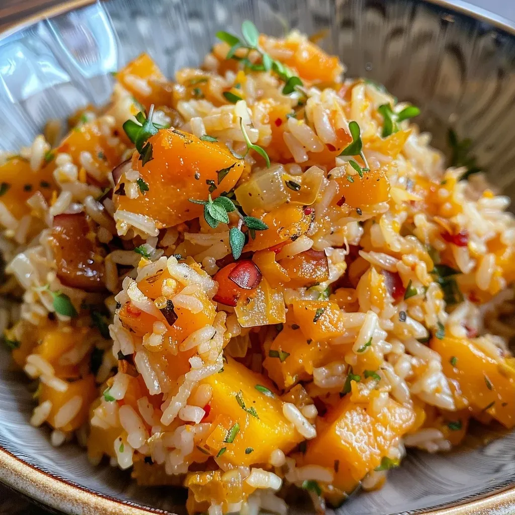 ['Close-up shot of a steaming bowl of Pumpkin Rice featuring vibrant orange pumpkin chunks and grains of brown rice.', 'Side view of delicious Pumpkin Rice with visible ingredients like pumpkin, rice, and herbs in a bowl.', 'Detailed close-up of Pumpkin Rice emphasizing the creamy texture and colorful components.', 'Vibrant side view of Pumpkin Rice showcasing a mix of pumpkin, brown rice, and aromatic herbs.']