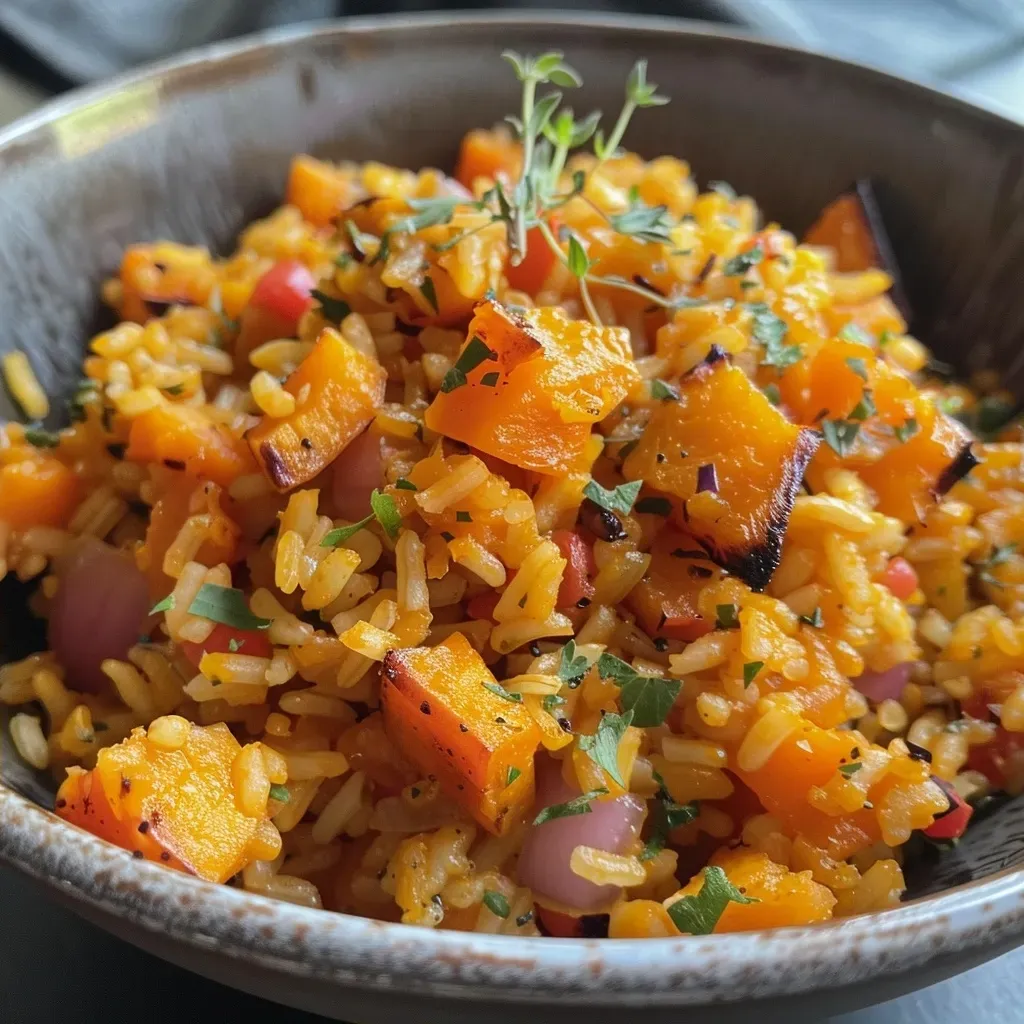 ['Close-up shot of a steaming bowl of Pumpkin Rice featuring vibrant orange pumpkin chunks and grains of brown rice.', 'Side view of delicious Pumpkin Rice with visible ingredients like pumpkin, rice, and herbs in a bowl.', 'Detailed close-up of Pumpkin Rice emphasizing the creamy texture and colorful components.', 'Vibrant side view of Pumpkin Rice showcasing a mix of pumpkin, brown rice, and aromatic herbs.']
