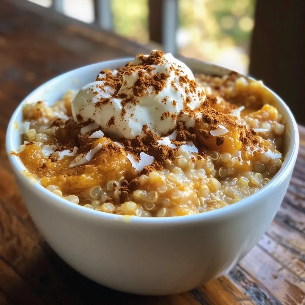 ['Close-up of creamy pumpkin spice breakfast rice pudding in a bowl.', 'Side view of a delicious pumpkin spice rice pudding with a sprinkle of spices.', 'A bowl of pumpkin spice breakfast rice pudding with a smooth texture.', 'Rich pumpkin spice rice pudding garnished with a dash of cinnamon.']