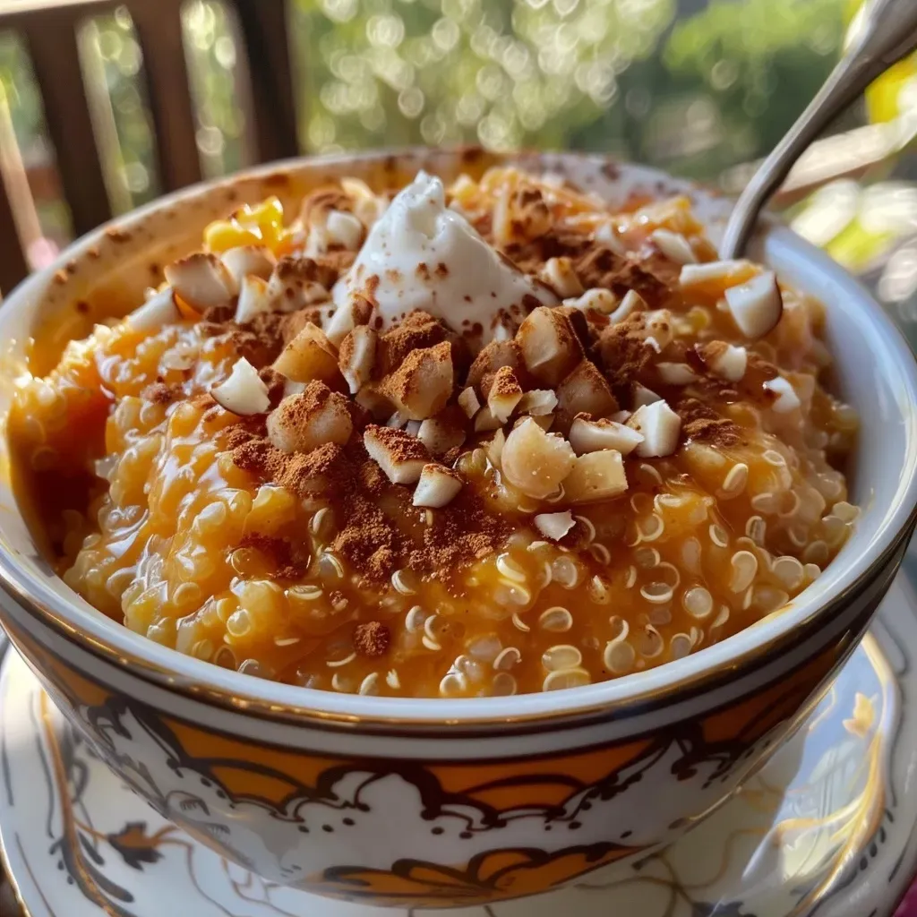 ['Close-up of creamy pumpkin spice breakfast rice pudding in a bowl.', 'Side view of a delicious pumpkin spice rice pudding with a sprinkle of spices.', 'A bowl of pumpkin spice breakfast rice pudding with a smooth texture.', 'Rich pumpkin spice rice pudding garnished with a dash of cinnamon.']