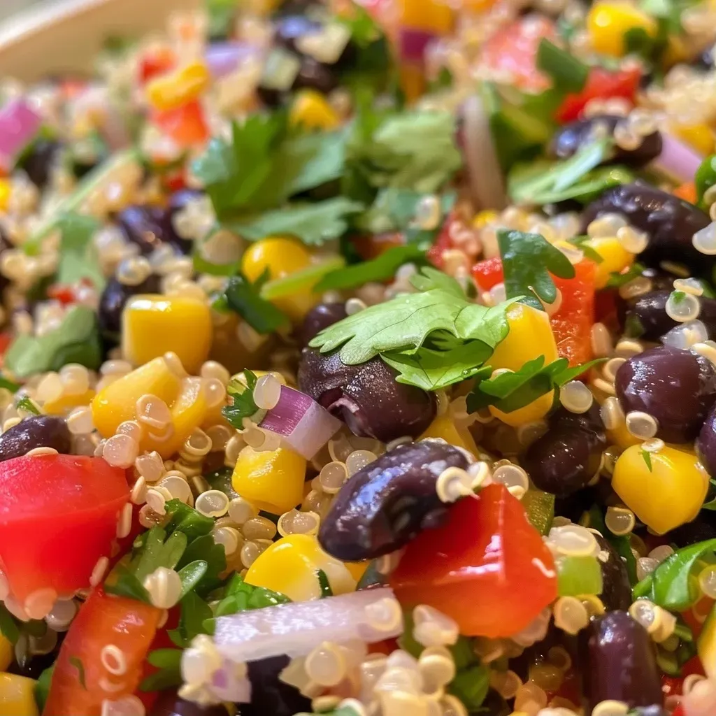 ['A close-up side view of a colorful Quinoa and Black Bean Salad in a bowl.', 'Vibrant Quinoa and Black Bean Salad showcasing fresh ingredients and lime dressing.', 'A detailed close-up of a Quinoa and Black Bean Salad filled with colorful vegetables.', 'A side view of a fresh Quinoa and Black Bean Salad served in a bowl with lime dressing.']