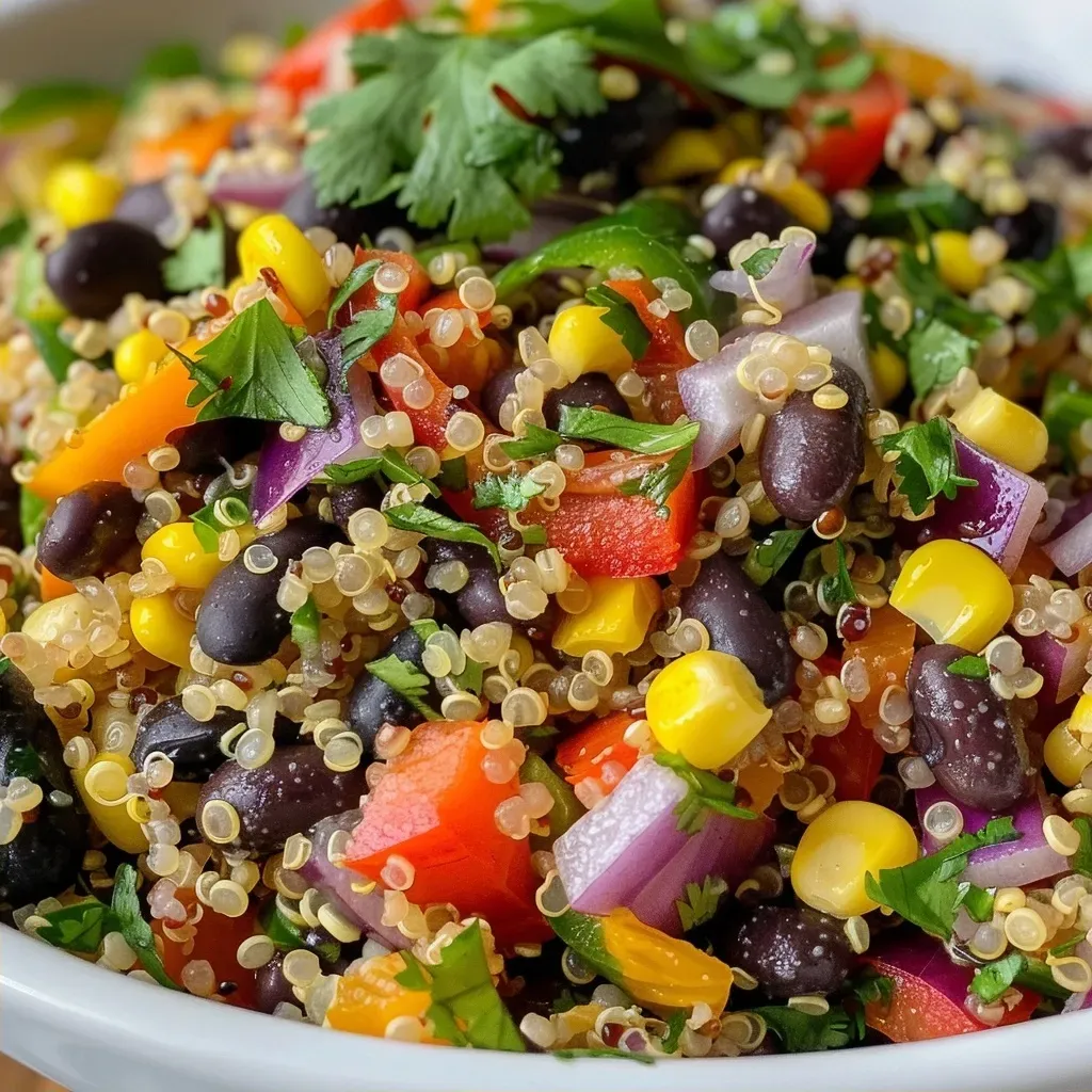 ['A close-up side view of a colorful Quinoa and Black Bean Salad in a bowl.', 'Vibrant Quinoa and Black Bean Salad showcasing fresh ingredients and lime dressing.', 'A detailed close-up of a Quinoa and Black Bean Salad filled with colorful vegetables.', 'A side view of a fresh Quinoa and Black Bean Salad served in a bowl with lime dressing.']