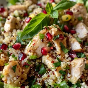 ['Close-up view of a vibrant quinoa salad with chunks of chicken, fresh greens, and garnishes.', 'Side angle of a colorful quinoa salad featuring sliced chicken breast and various fresh vegetables.', 'Juicy quinoa salad photographed from the side, showcasing chicken, corn, and herbs.', 'Detailed shot of a quinoa salad with chicken, highlighting its fresh ingredients and textures.']