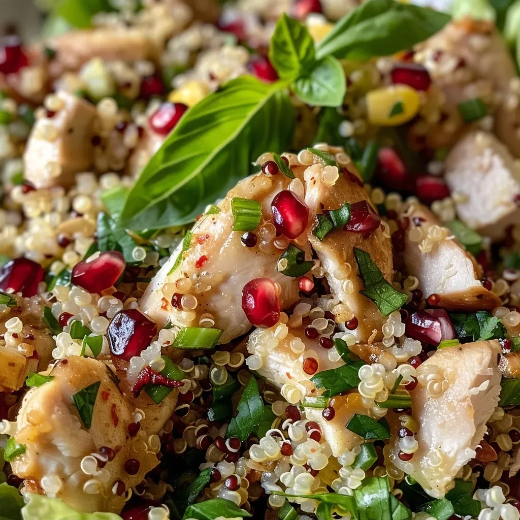 ['Close-up view of a vibrant quinoa salad with chunks of chicken, fresh greens, and garnishes.', 'Side angle of a colorful quinoa salad featuring sliced chicken breast and various fresh vegetables.', 'Juicy quinoa salad photographed from the side, showcasing chicken, corn, and herbs.', 'Detailed shot of a quinoa salad with chicken, highlighting its fresh ingredients and textures.']