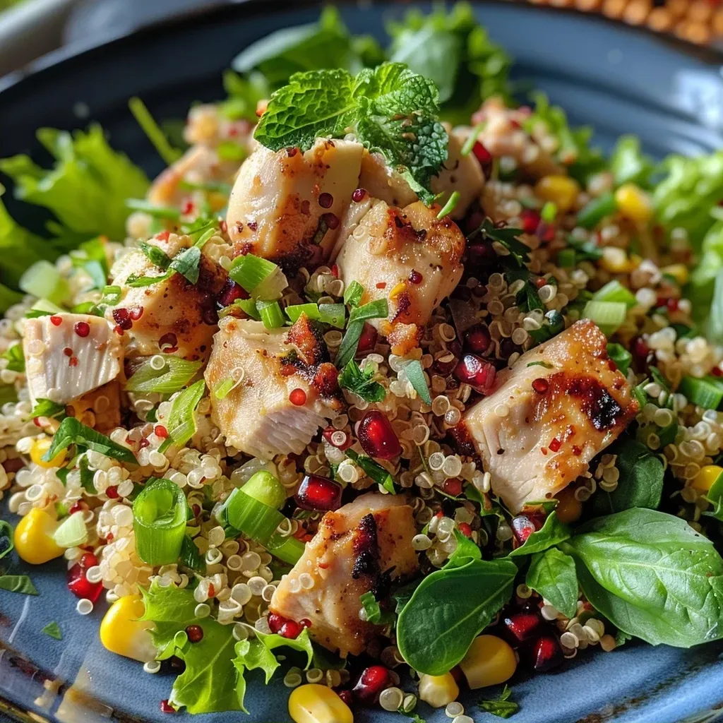 ['Close-up view of a vibrant quinoa salad with chunks of chicken, fresh greens, and garnishes.', 'Side angle of a colorful quinoa salad featuring sliced chicken breast and various fresh vegetables.', 'Juicy quinoa salad photographed from the side, showcasing chicken, corn, and herbs.', 'Detailed shot of a quinoa salad with chicken, highlighting its fresh ingredients and textures.']