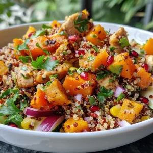 ['A vibrant bowl of roasted butternut squash chicken quinoa salad close-up, showcasing colorful ingredients.', 'A side view of a hearty quinoa salad with roasted butternut squash, chicken, and fresh herbs.', 'Close-up of a nutritious salad featuring quinoa, diced chicken, butternut squash, and garnishes.', 'A detailed view of a roasted butternut squash chicken quinoa salad, highlighting the mix of textures and colors.']