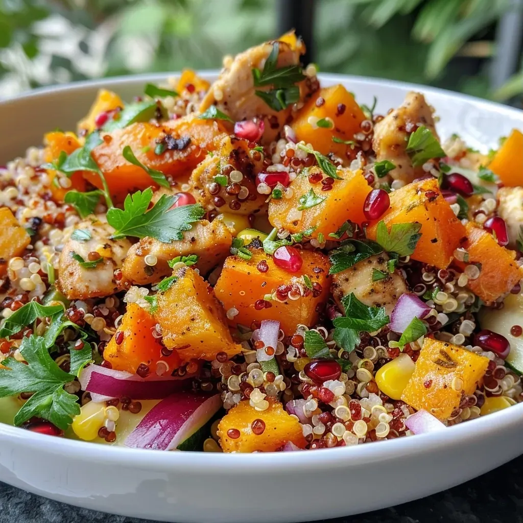 ['A vibrant bowl of roasted butternut squash chicken quinoa salad close-up, showcasing colorful ingredients.', 'A side view of a hearty quinoa salad with roasted butternut squash, chicken, and fresh herbs.', 'Close-up of a nutritious salad featuring quinoa, diced chicken, butternut squash, and garnishes.', 'A detailed view of a roasted butternut squash chicken quinoa salad, highlighting the mix of textures and colors.']