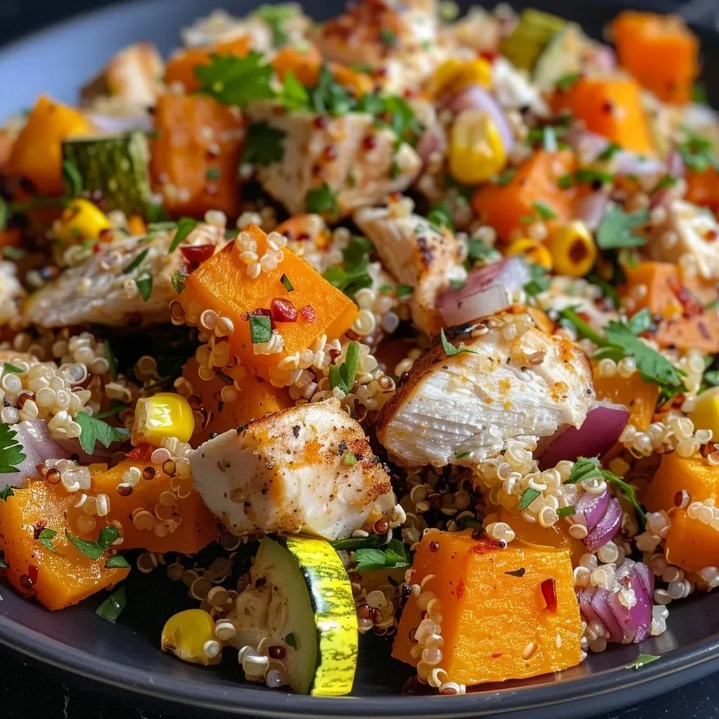 ['A vibrant bowl of roasted butternut squash chicken quinoa salad close-up, showcasing colorful ingredients.', 'A side view of a hearty quinoa salad with roasted butternut squash, chicken, and fresh herbs.', 'Close-up of a nutritious salad featuring quinoa, diced chicken, butternut squash, and garnishes.', 'A detailed view of a roasted butternut squash chicken quinoa salad, highlighting the mix of textures and colors.']