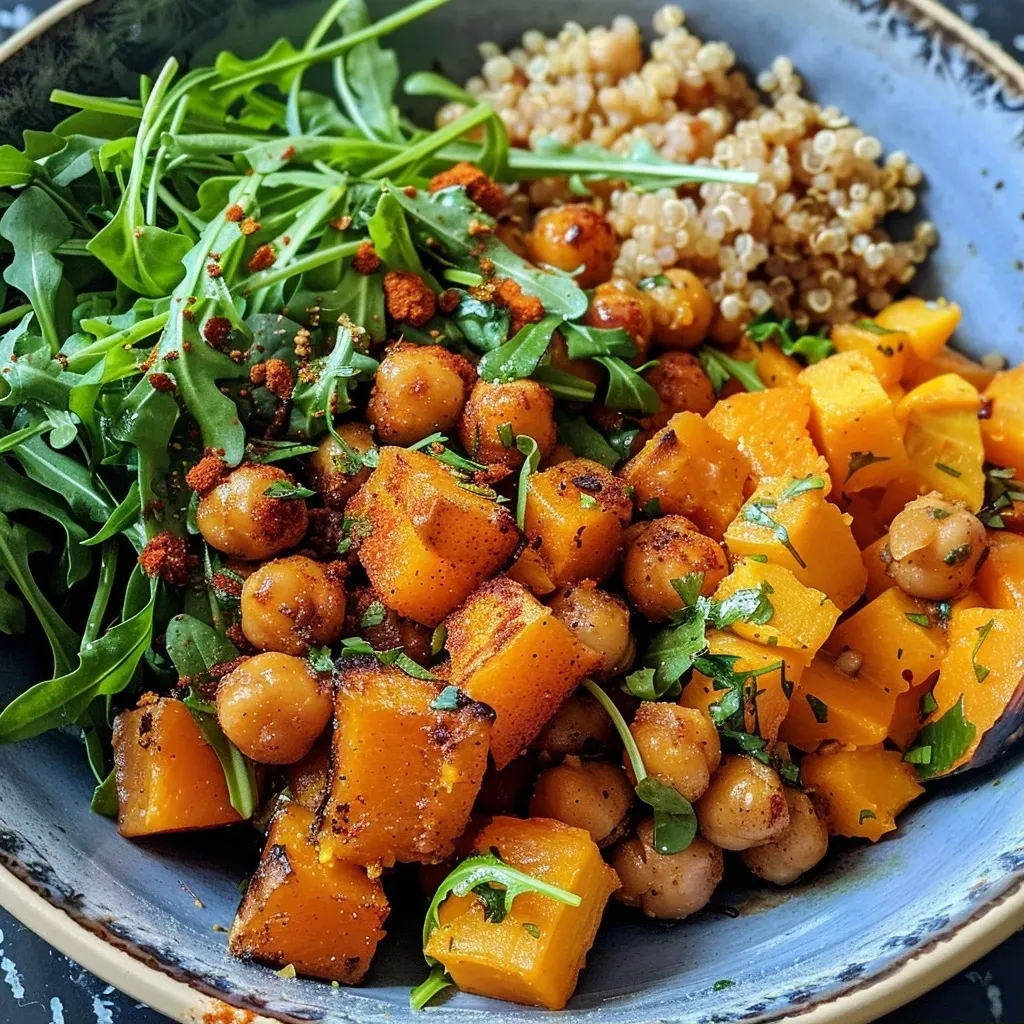 ['A vibrant bowl filled with roasted butternut squash and chickpeas, garnished with greens.', 'Close-up view of a Roasted Butternut Squash & Chickpea Bowl showcasing a mix of golden squash and chickpeas.', 'A side view of a hearty bowl featuring roasted butternut squash, chickpeas, and fresh greens.', 'Colorful ingredients in a bowl, including roasted squash, chickpeas, and topped with tahini sauce.']