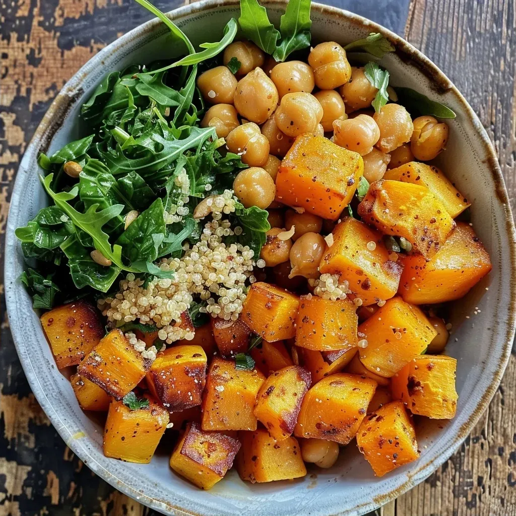 ['A vibrant bowl filled with roasted butternut squash and chickpeas, garnished with greens.', 'Close-up view of a Roasted Butternut Squash & Chickpea Bowl showcasing a mix of golden squash and chickpeas.', 'A side view of a hearty bowl featuring roasted butternut squash, chickpeas, and fresh greens.', 'Colorful ingredients in a bowl, including roasted squash, chickpeas, and topped with tahini sauce.']