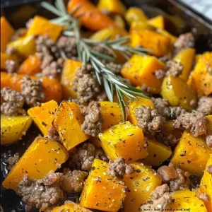 Close-up of roasted butternut squash and ground beef dish, showcasing vibrant colors and textures.