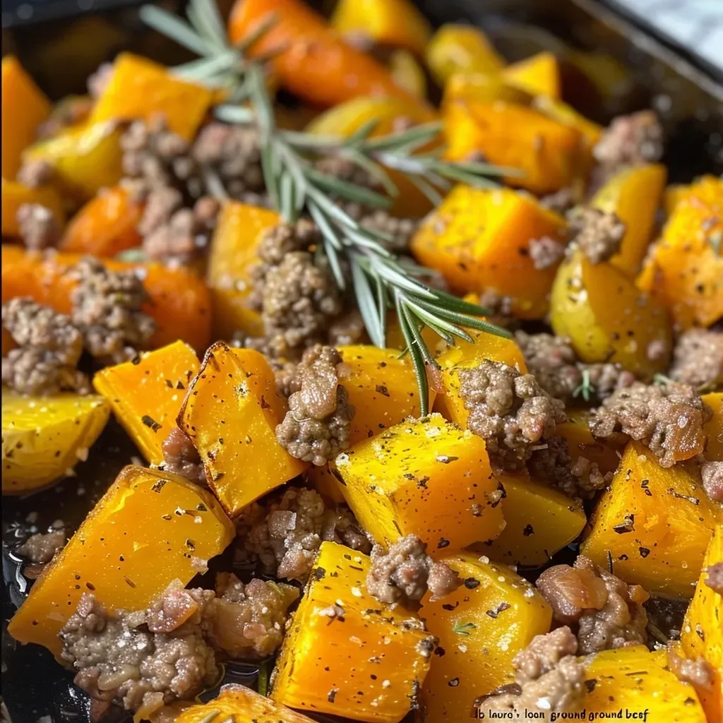 ['Close-up of roasted butternut squash and ground beef dish, showcasing vibrant colors and textures.', 'Side view of a delicious plate of roasted butternut squash mixed with ground beef, garnished with herbs.', 'Juicy roasted butternut squash and ground beef, captured in a close-up format emphasizing the ingredients.', 'Visually appealing close-up of butternut squash and ground beef, highlighting the freshness of the dish.']
