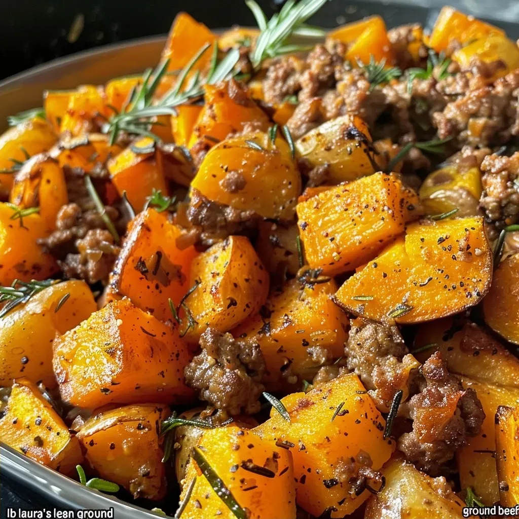 Close-up of roasted butternut squash and ground beef dish, showcasing vibrant colors and textures.