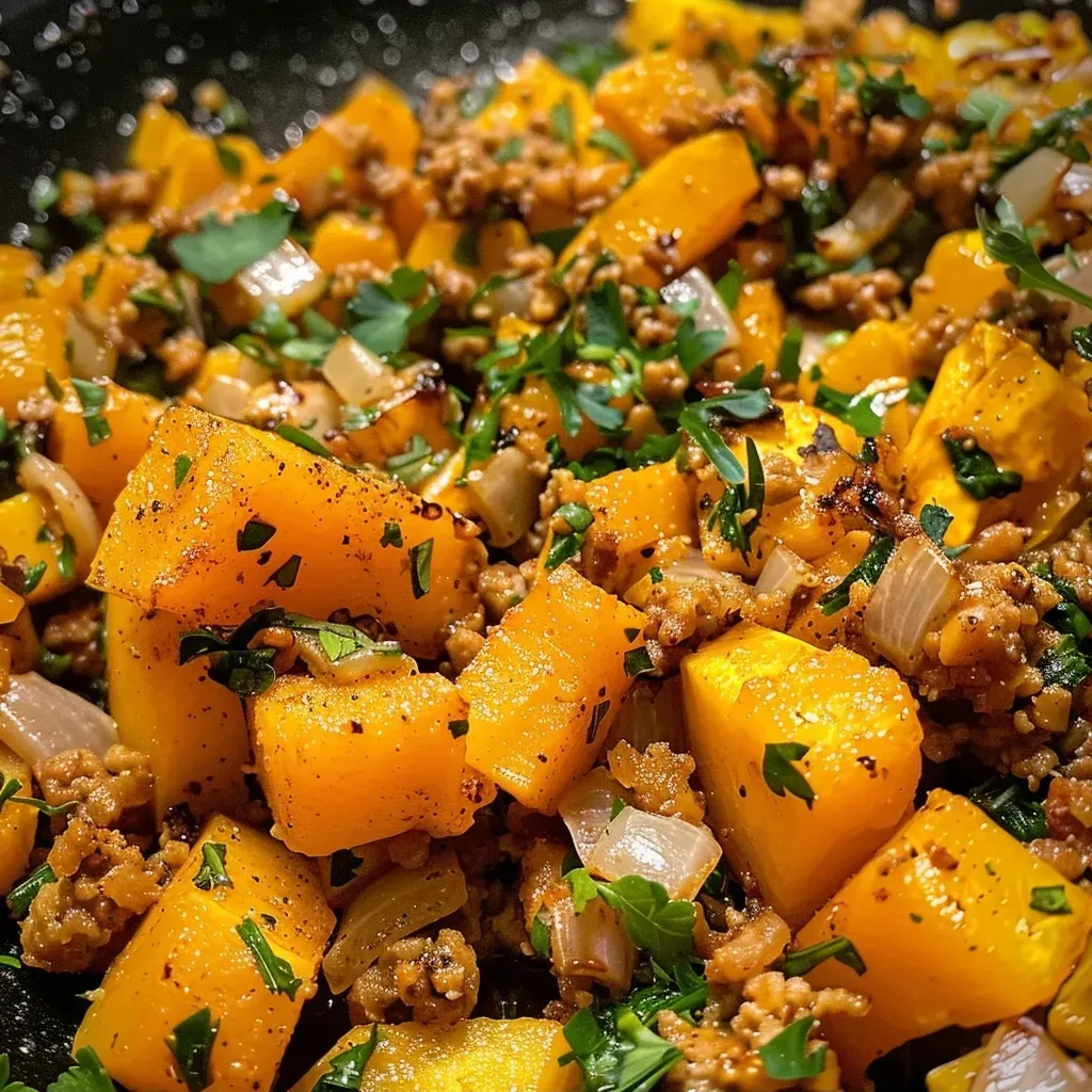 ['Close-up of roasted butternut squash mixed with ground turkey, garnished with parsley.', 'Side view of a colorful roasted butternut squash dish featuring ground turkey and spinach.', 'Juicy roasted butternut squash topped with seasoned ground turkey, cheese, and herbs.', 'Delicious side view of butternut squash and ground turkey, highlighting its textures and colors.']