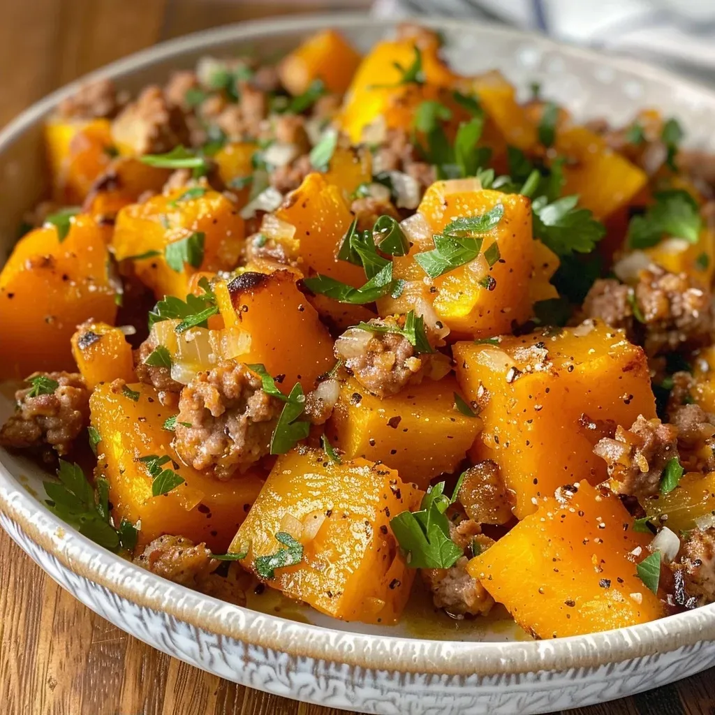 ['Close-up of roasted butternut squash mixed with ground turkey, garnished with parsley.', 'Side view of a colorful roasted butternut squash dish featuring ground turkey and spinach.', 'Juicy roasted butternut squash topped with seasoned ground turkey, cheese, and herbs.', 'Delicious side view of butternut squash and ground turkey, highlighting its textures and colors.']