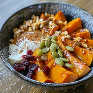 ['A close-up side view of a creamy roasted pumpkin breakfast bowl filled with vibrant ingredients.', 'A detailed view of a roasted pumpkin breakfast bowl showcasing coconut milk and pumpkin seeds.', 'A side perspective of a breakfast bowl featuring roasted pumpkin, almond butter, and flaked coconut.', 'A close-up image of a nutritious breakfast bowl highlighting the texture of roasted pumpkin and toppings.']