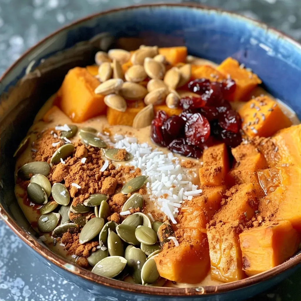 ['A close-up side view of a creamy roasted pumpkin breakfast bowl filled with vibrant ingredients.', 'A detailed view of a roasted pumpkin breakfast bowl showcasing coconut milk and pumpkin seeds.', 'A side perspective of a breakfast bowl featuring roasted pumpkin, almond butter, and flaked coconut.', 'A close-up image of a nutritious breakfast bowl highlighting the texture of roasted pumpkin and toppings.']