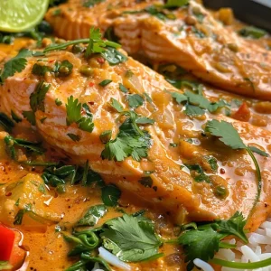 Juicy salmon fillets in a creamy coconut curry sauce with vibrant vegetables.