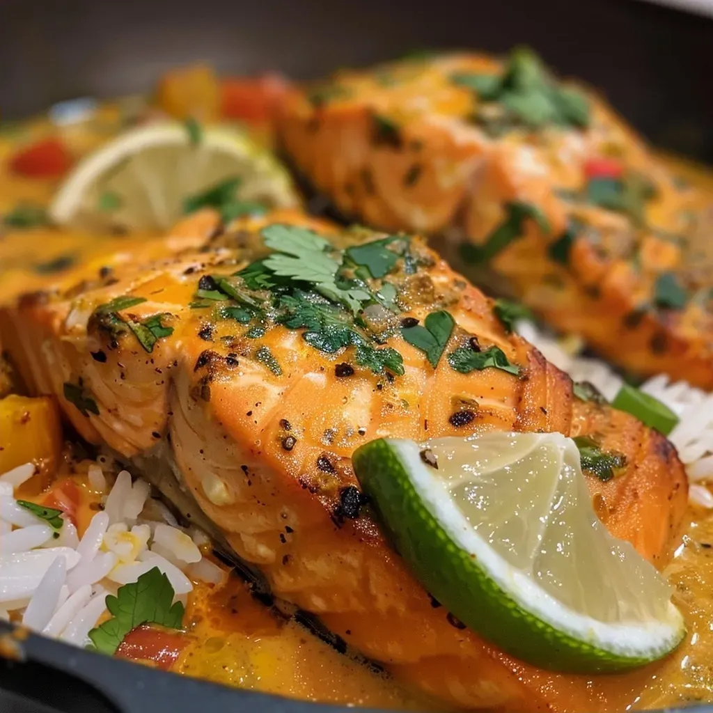 Juicy salmon fillets in a creamy coconut curry sauce with vibrant vegetables.