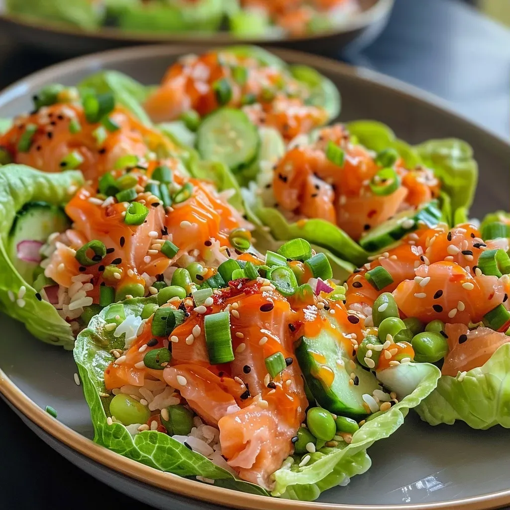 ['A close-up view of salmon lettuce wraps filled with fresh ingredients on a plate.', 'Side view of juicy salmon lettuce wraps with vibrant colors and textures.', 'Detailed shot of salmon wrapped in crisp lettuce with sliced cucumbers and sesame seeds.', 'Tasty salmon lettuce wraps arranged beautifully, showcasing their fresh ingredients.']