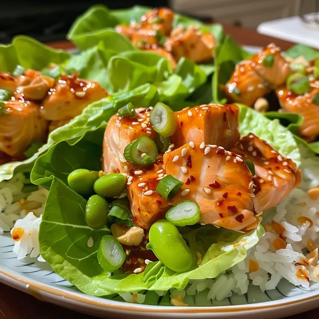 ['A close-up view of salmon lettuce wraps filled with fresh ingredients on a plate.', 'Side view of juicy salmon lettuce wraps with vibrant colors and textures.', 'Detailed shot of salmon wrapped in crisp lettuce with sliced cucumbers and sesame seeds.', 'Tasty salmon lettuce wraps arranged beautifully, showcasing their fresh ingredients.']