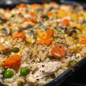 ['Close-up of a savory turkey rice casserole with melted cheese on top.', 'Side view of a cooked turkey rice casserole garnished with vegetables.', 'Juicy turkey rice casserole served in a dish, showcasing the texture and ingredients.', 'Delicious turkey rice casserole featuring a golden layer of cheese and mixed vegetables.']