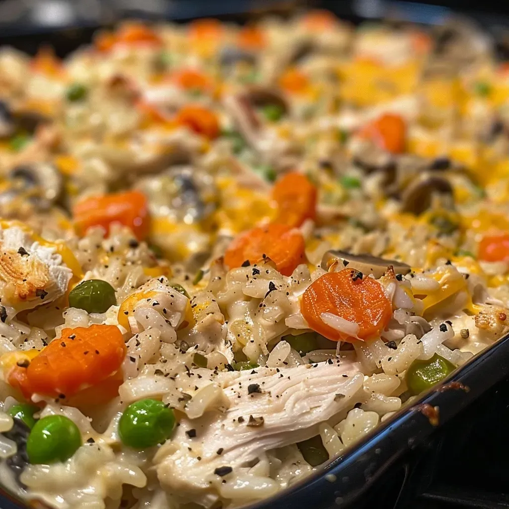 ['Close-up of a savory turkey rice casserole with melted cheese on top.', 'Side view of a cooked turkey rice casserole garnished with vegetables.', 'Juicy turkey rice casserole served in a dish, showcasing the texture and ingredients.', 'Delicious turkey rice casserole featuring a golden layer of cheese and mixed vegetables.']