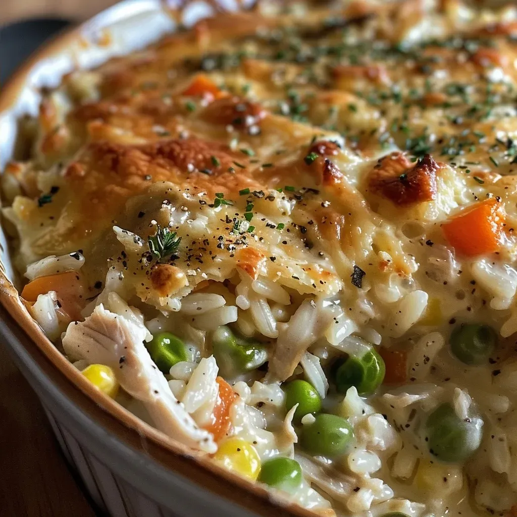 ['Close-up of a savory turkey rice casserole with melted cheese on top.', 'Side view of a cooked turkey rice casserole garnished with vegetables.', 'Juicy turkey rice casserole served in a dish, showcasing the texture and ingredients.', 'Delicious turkey rice casserole featuring a golden layer of cheese and mixed vegetables.']