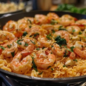 ['Close-up view of Shrimp Orzo, showcasing shrimp and orzo pasta in a creamy sauce.', 'Side angle of a delicious bowl of Shrimp Orzo, highlighting the shrimp and fresh ingredients.', 'Juicy shrimp and orzo dish presented with sun-dried tomatoes and spinach, captured in detail.', 'Vibrant Shrimp Orzo meal featuring large shrimp, artichokes, and a rich cream sauce.']