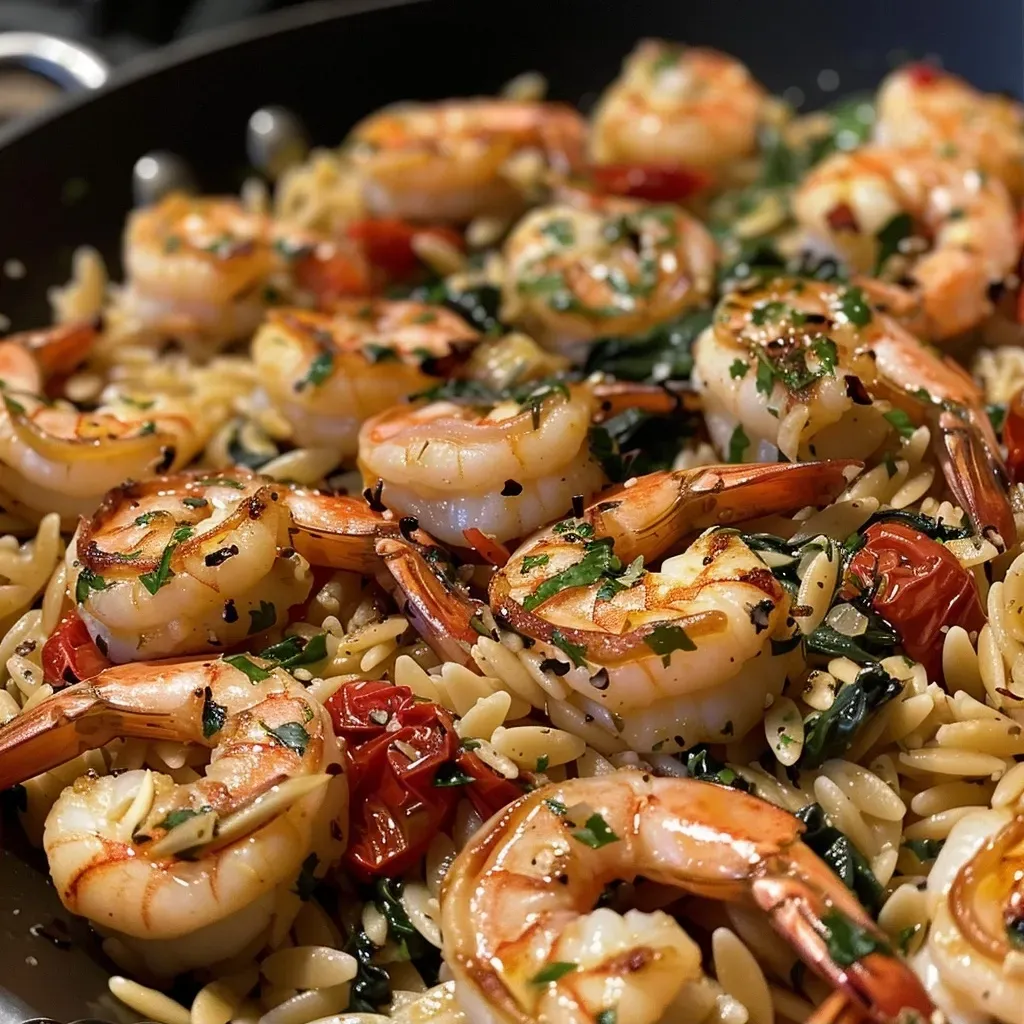 ['Close-up view of Shrimp Orzo, showcasing shrimp and orzo pasta in a creamy sauce.', 'Side angle of a delicious bowl of Shrimp Orzo, highlighting the shrimp and fresh ingredients.', 'Juicy shrimp and orzo dish presented with sun-dried tomatoes and spinach, captured in detail.', 'Vibrant Shrimp Orzo meal featuring large shrimp, artichokes, and a rich cream sauce.']