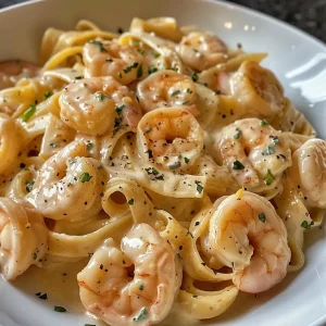 Close-up side view of creamy Shrimp Pumpkin Alfredo pasta with shrimp and herbs.
