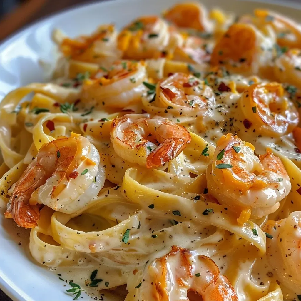 Close-up side view of creamy Shrimp Pumpkin Alfredo pasta with shrimp and herbs.