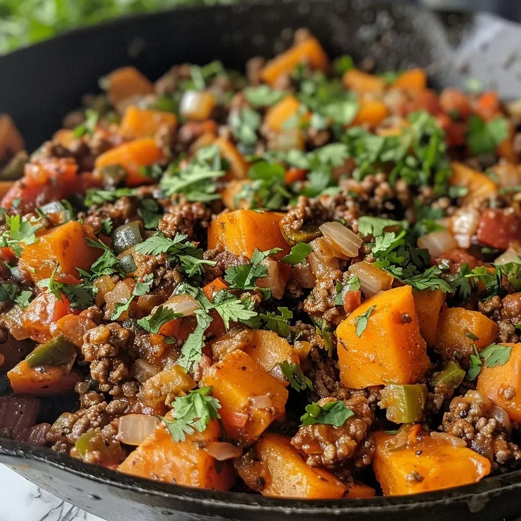 ['A delicious Southwest Ground Beef and Sweet Potato Skillet displayed in a close-up view.', 'Close-up of a skillet filled with ground beef and sweet potatoes, garnished with cilantro.', 'A vibrant Southwest Ground Beef and Sweet Potato Skillet viewed from the side, highlighting the textures.', 'Juicy ground beef and diced sweet potatoes in a skillet, showcasing the colorful ingredients.']