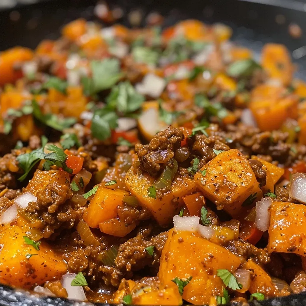 ['A delicious Southwest Ground Beef and Sweet Potato Skillet displayed in a close-up view.', 'Close-up of a skillet filled with ground beef and sweet potatoes, garnished with cilantro.', 'A vibrant Southwest Ground Beef and Sweet Potato Skillet viewed from the side, highlighting the textures.', 'Juicy ground beef and diced sweet potatoes in a skillet, showcasing the colorful ingredients.']