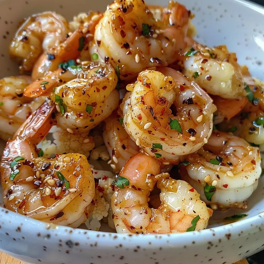 ['Juicy spiced honey shrimp served with creamy sweet potato cauliflower mash in a close-up shot.', 'A side view of flavorful shrimp glazed in honey next to a vibrant orange mash on a plate.', 'Close-up of shrimp coated in spices with a side of smooth sweet potato cauliflower blend.', 'Detailed view of tender shrimp topped with honey glaze beside a colorful sweet potato and cauliflower mash.']