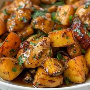 ['A close-up view of Sweet Honey Garlic Chicken and potatoes on a plate, showcasing the juicy chicken and vibrant sweet potatoes.', 'Side view of a dish featuring tender chicken thighs coated in honey garlic sauce alongside cubed sweet potatoes.', 'Close-up of a delicious meal with golden-brown chicken, sweet potatoes, and chopped herbs for garnish.', 'A plate filled with Sweet Honey Garlic Chicken, drizzled with sauce, and accompanied by colorful sweet potato cubes.']