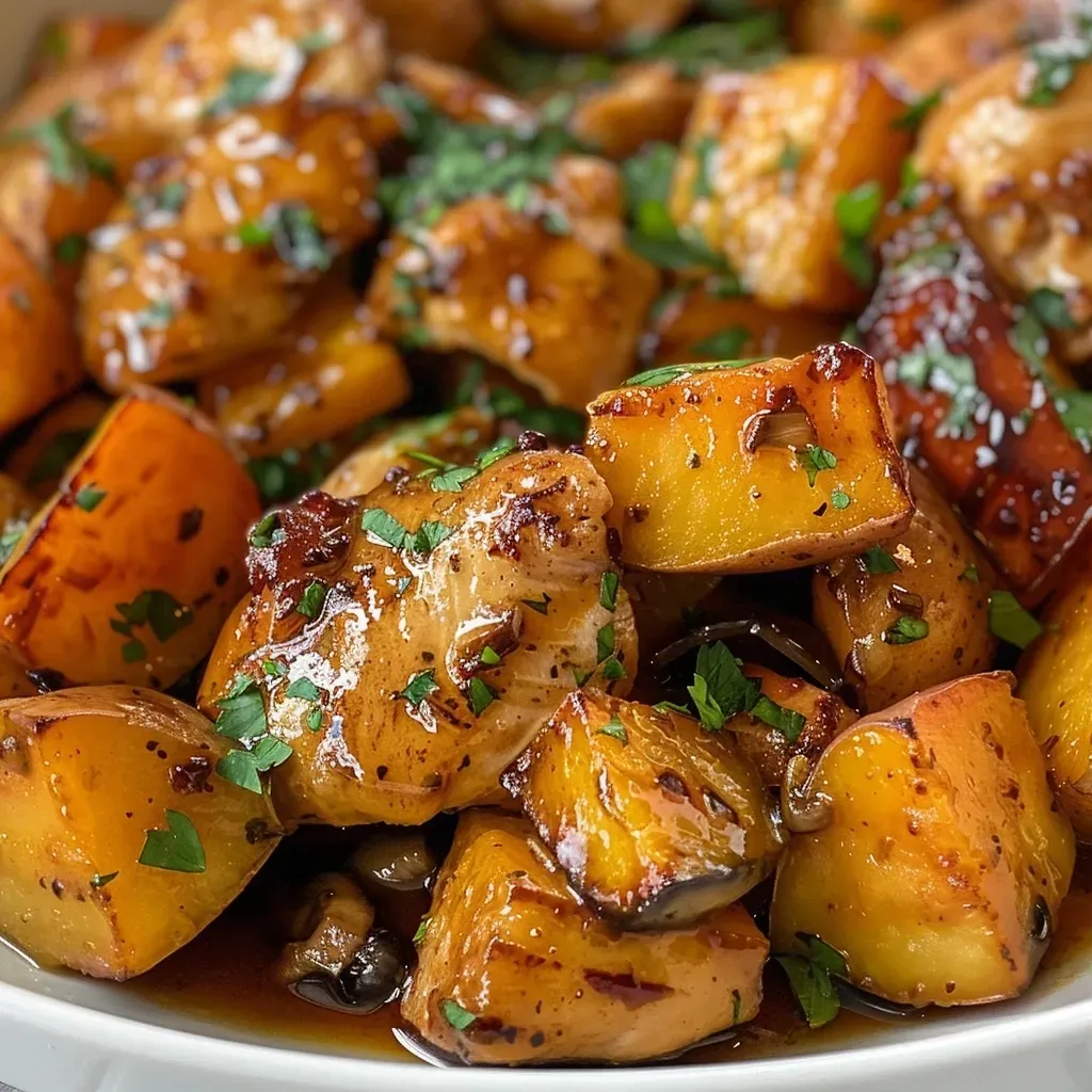 ['A close-up view of Sweet Honey Garlic Chicken and potatoes on a plate, showcasing the juicy chicken and vibrant sweet potatoes.', 'Side view of a dish featuring tender chicken thighs coated in honey garlic sauce alongside cubed sweet potatoes.', 'Close-up of a delicious meal with golden-brown chicken, sweet potatoes, and chopped herbs for garnish.', 'A plate filled with Sweet Honey Garlic Chicken, drizzled with sauce, and accompanied by colorful sweet potato cubes.']