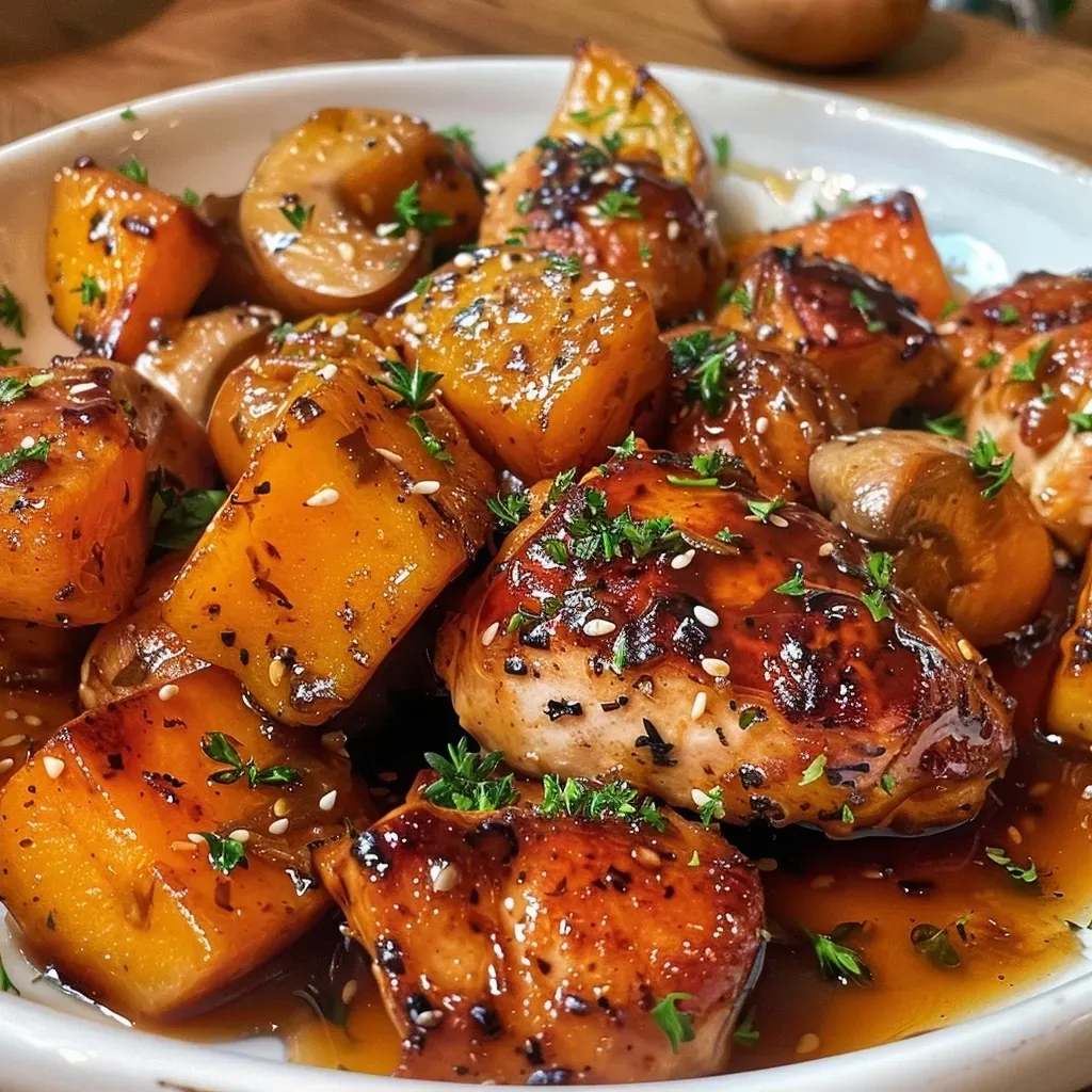 ['A close-up view of Sweet Honey Garlic Chicken and potatoes on a plate, showcasing the juicy chicken and vibrant sweet potatoes.', 'Side view of a dish featuring tender chicken thighs coated in honey garlic sauce alongside cubed sweet potatoes.', 'Close-up of a delicious meal with golden-brown chicken, sweet potatoes, and chopped herbs for garnish.', 'A plate filled with Sweet Honey Garlic Chicken, drizzled with sauce, and accompanied by colorful sweet potato cubes.']