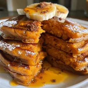 Close-up of stacked sweet potato banana pancakes topped with nut butter.