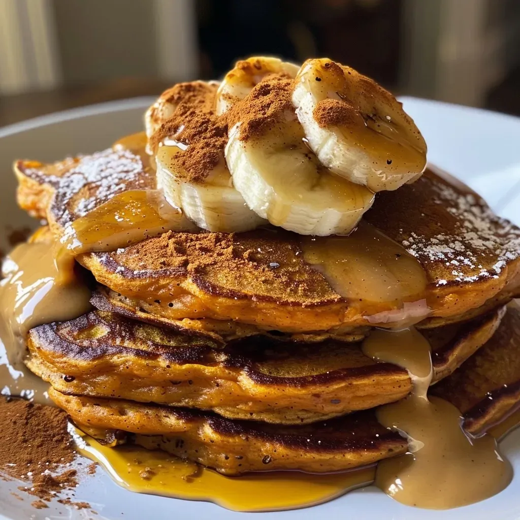 Close-up of stacked sweet potato banana pancakes topped with nut butter.