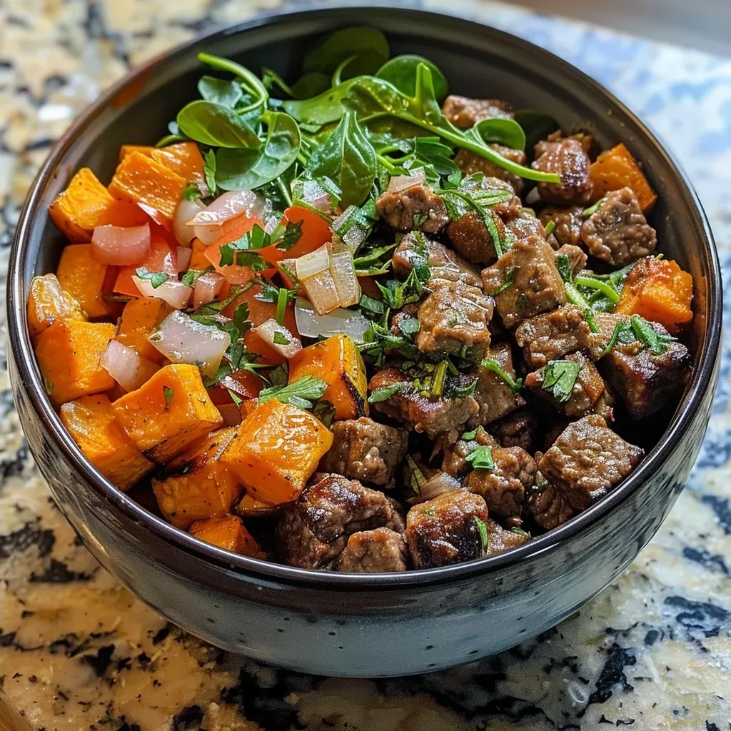 ['A close-up side view of a Sweet Potato Beef Bowl with vibrant ingredients.', 'Juicy Sweet Potato Beef Bowl filled with cubed sweet potatoes and ground beef.', 'An appetizing Sweet Potato Beef Bowl showing a mix of colorful vegetables and beef.', 'A delicious Sweet Potato Beef Bowl featuring seasoned beef and fresh greens.']