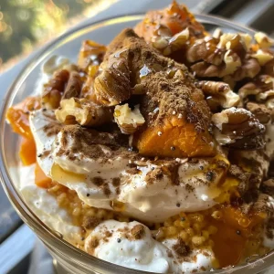 ['Close-up image of a Sweet Potato Breakfast Parfait layered with Greek yogurt and walnuts.', 'Side view of a Sweet Potato Breakfast Parfait showcasing sweet potato and yogurt layers.', 'Delicious Sweet Potato Breakfast Parfait featuring a cinnamon dusting and chopped walnuts.', 'Vibrant Sweet Potato Breakfast Parfait in a glass, displaying layers of yogurt and sweet potato.']