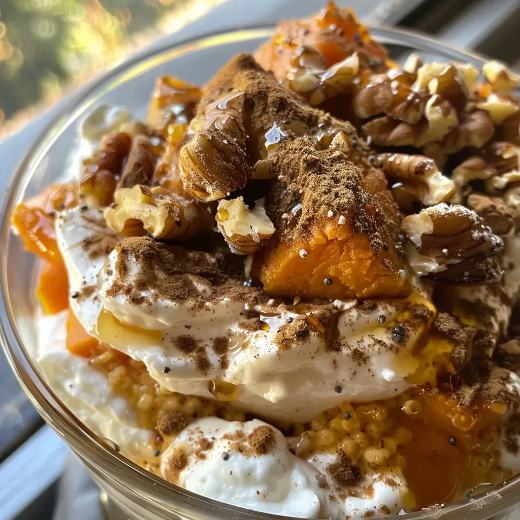 ['Close-up image of a Sweet Potato Breakfast Parfait layered with Greek yogurt and walnuts.', 'Side view of a Sweet Potato Breakfast Parfait showcasing sweet potato and yogurt layers.', 'Delicious Sweet Potato Breakfast Parfait featuring a cinnamon dusting and chopped walnuts.', 'Vibrant Sweet Potato Breakfast Parfait in a glass, displaying layers of yogurt and sweet potato.']