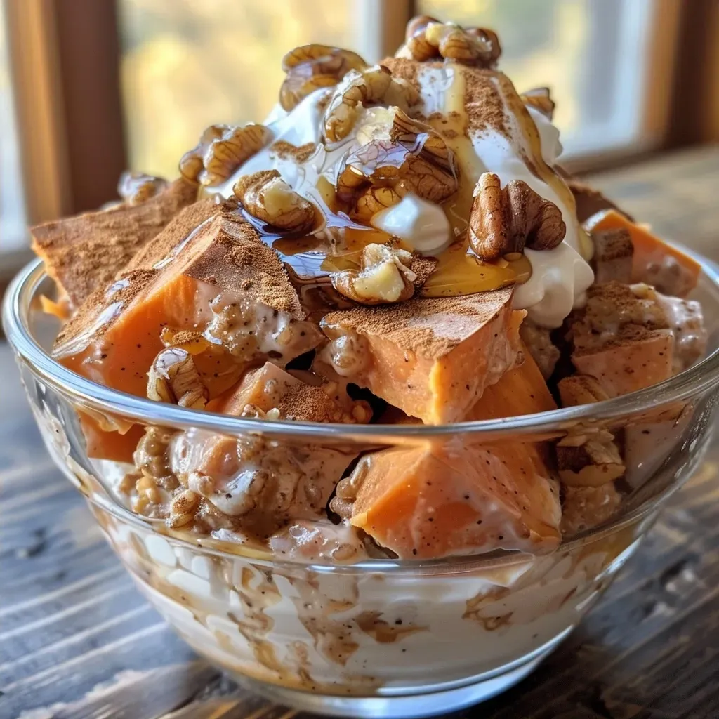 Close-up image of a Sweet Potato Breakfast Parfait layered with Greek yogurt and walnuts.