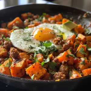 ['Close-up view of a colorful sweet potato hash featuring sausage and eggs.', 'Side view of a delicious sweet potato hash garnished with parsley and served with eggs.', 'Juicy sweet potato hash with diced sausage, eggs, and vibrant vegetables.', 'A hearty serving of sweet potato hash, featuring golden eggs and colorful ingredients.']