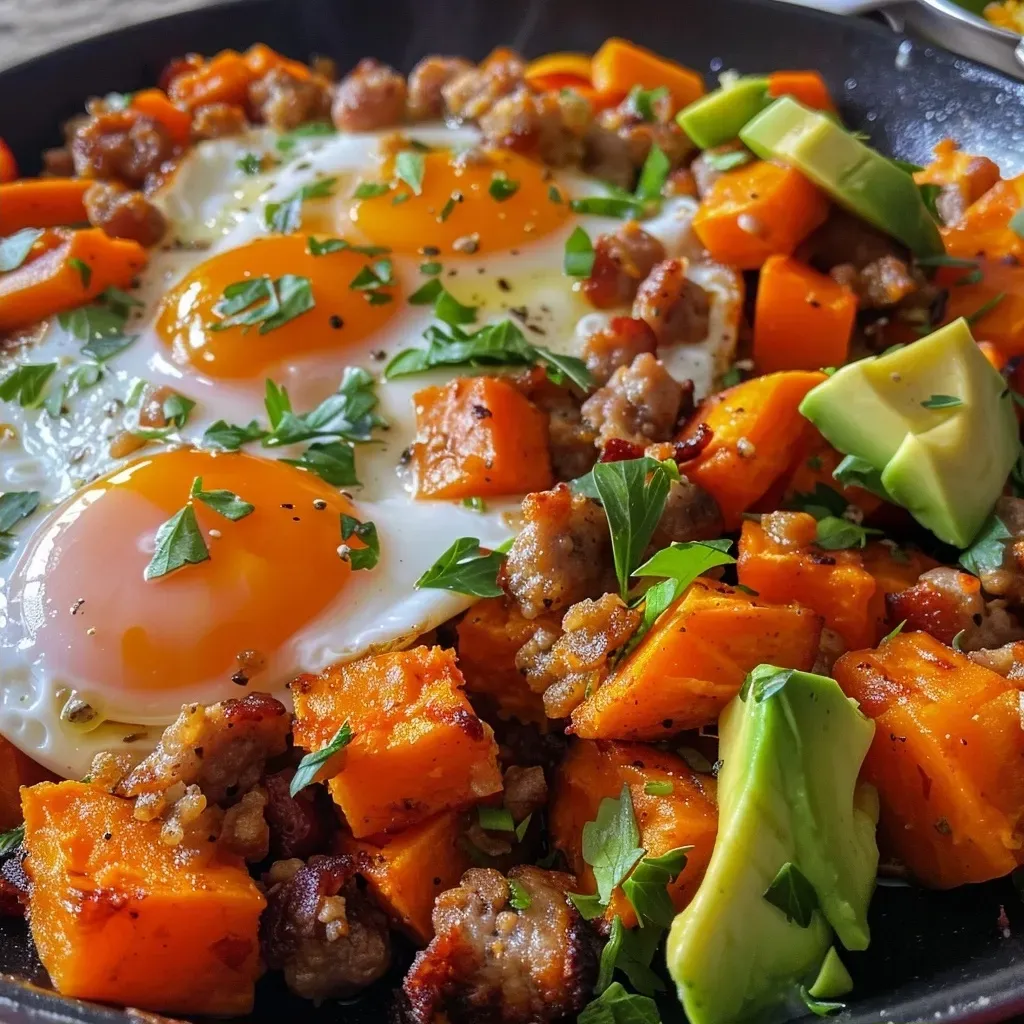 ['Close-up view of a colorful sweet potato hash featuring sausage and eggs.', 'Side view of a delicious sweet potato hash garnished with parsley and served with eggs.', 'Juicy sweet potato hash with diced sausage, eggs, and vibrant vegetables.', 'A hearty serving of sweet potato hash, featuring golden eggs and colorful ingredients.']